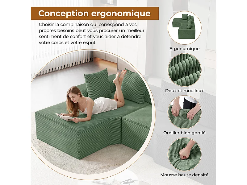 Canapé d'angle gauche modulable, velours côtelé, avec 4 oreillers et méridienne, 270x152x59cm, Vert