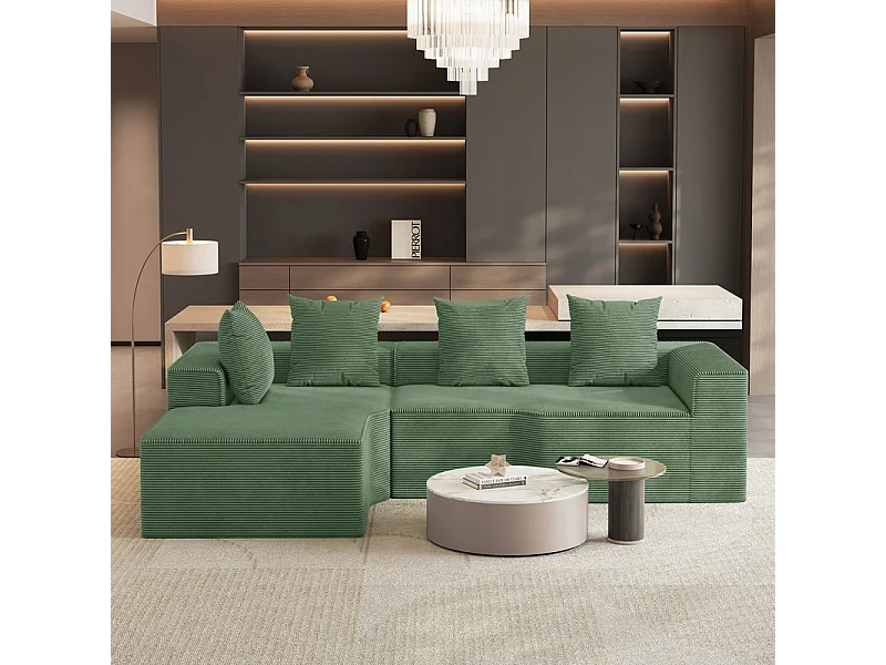 Canapé d'angle gauche modulable, velours côtelé, avec 4 oreillers et méridienne, 270x152x59cm, Vert