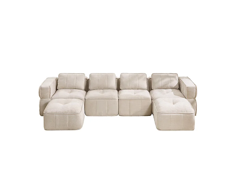 Sofá esquinero panorámico modular en tela, 4 plazas, con 2 puf, 344x162x67cm, Beige