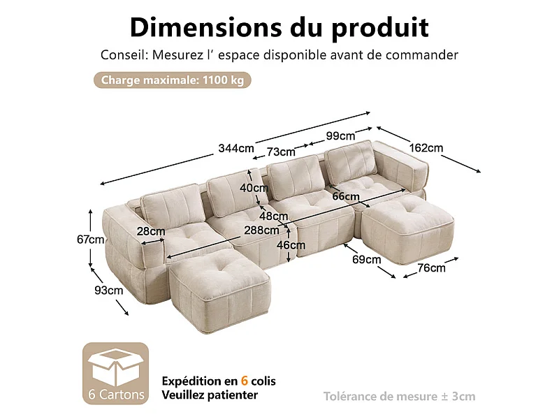 Sofá esquinero panorámico modular en tela, 4 plazas, con 2 puf, 344x162x67cm, Beige