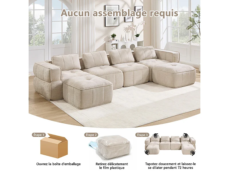 Sofá esquinero panorámico modular en tela, 4 plazas, con 2 puf, 344x162x67cm, Beige