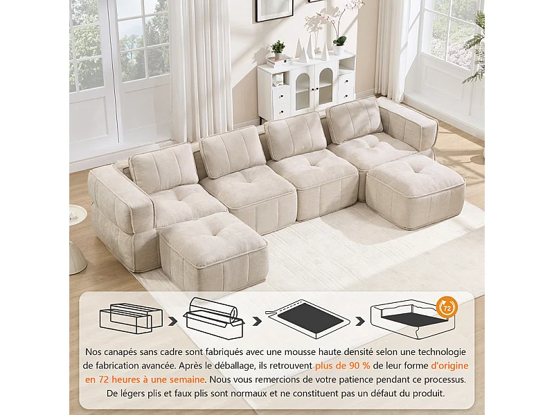 Sofá esquinero panorámico modular en tela, 4 plazas, con 2 puf, 344x162x67cm, Beige