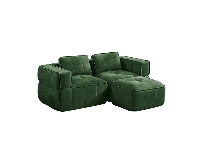 Sofá esquinero modular en tela, 2 plazas, con puf, 198x162x67cm, Verde