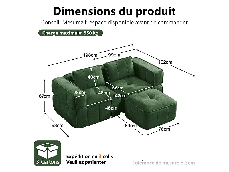 Sofá esquinero modular en tela, 2 plazas, con puf, 198x162x67cm, Verde