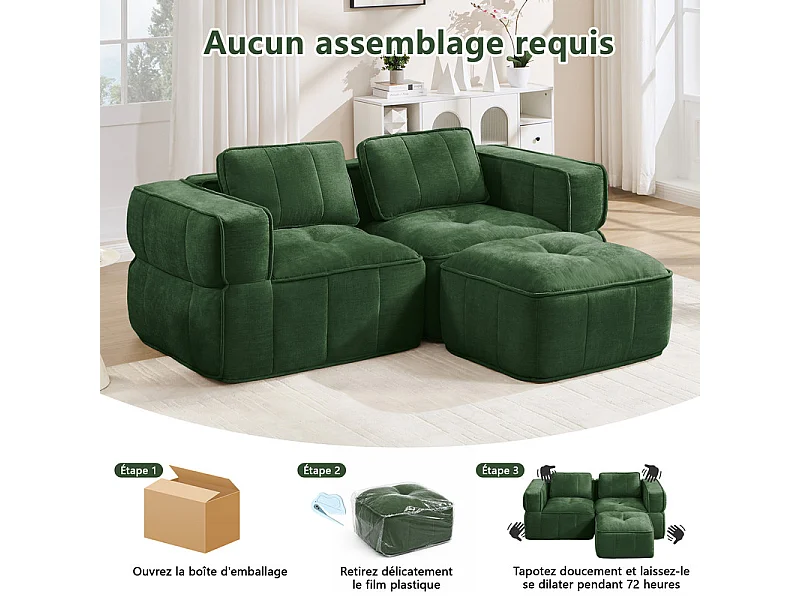 Sofá esquinero modular en tela, 2 plazas, con puf, 198x162x67cm, Verde