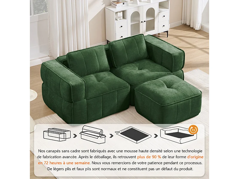 Sofá esquinero modular en tela, 2 plazas, con puf, 198x162x67cm, Verde