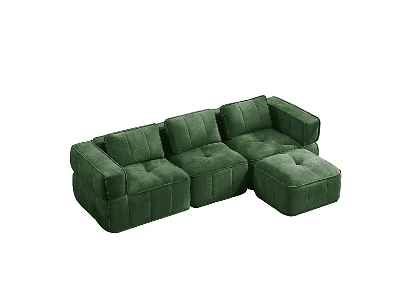 Sofá esquinero modular en tela, 3 plazas, con puf, 271x162x67cm, Verde