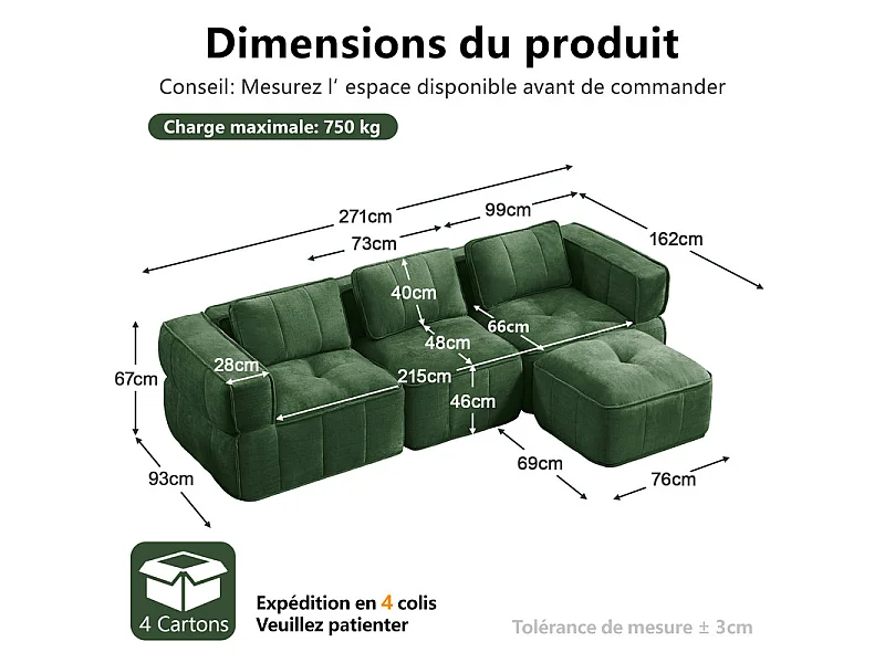 Sofá esquinero modular en tela, 3 plazas, con puf, 271x162x67cm, Verde