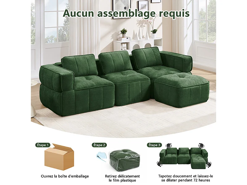 Sofá esquinero modular en tela, 3 plazas, con puf, 271x162x67cm, Verde