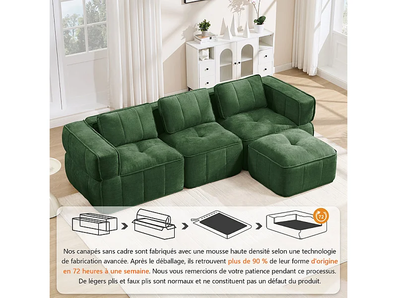 Sofá esquinero modular en tela, 3 plazas, con puf, 271x162x67cm, Verde