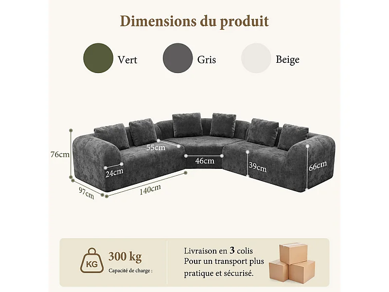 Canapé d'angle modulable en tissu chenille - Incurvé - avec 6 oreillers - 275x275x76cm - Gris