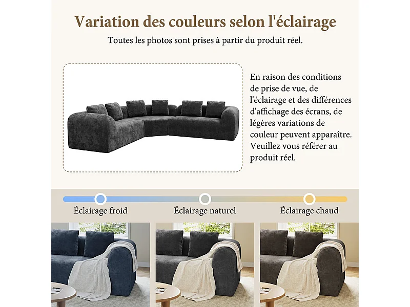 Canapé d'angle modulable en tissu chenille - Incurvé - avec 6 oreillers - 275x275x76cm - Gris