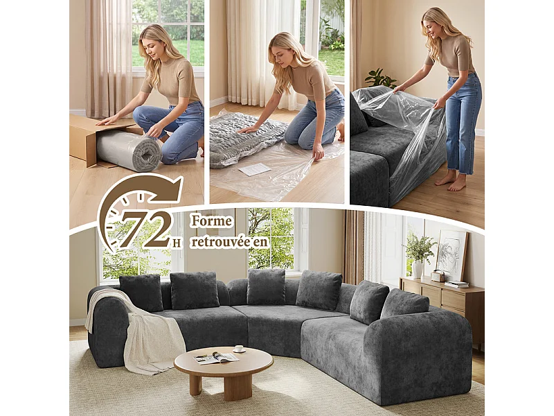 Canapé d'angle modulable en tissu chenille - Incurvé - avec 6 oreillers - 275x275x76cm - Gris