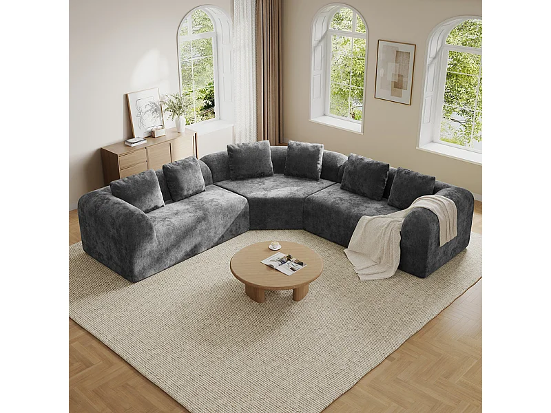 Canapé d'angle modulable en tissu chenille - Incurvé - avec 6 oreillers - 275x275x76cm - Gris
