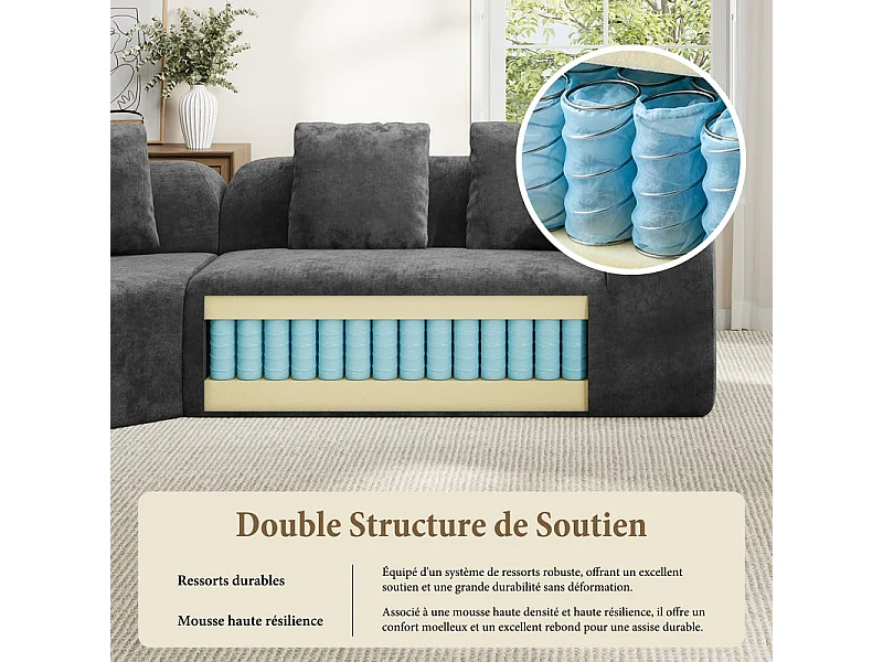 Canapé d'angle modulable en tissu chenille - Incurvé - avec 6 oreillers - 275x275x76cm - Gris