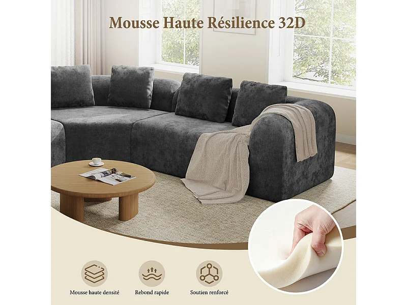 Canapé d'angle modulable en tissu chenille - Incurvé - avec 6 oreillers - 275x275x76cm - Gris