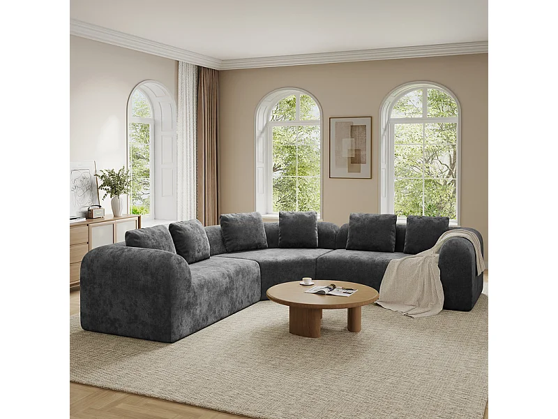 Canapé d'angle modulable en tissu chenille - Incurvé - avec 6 oreillers - 275x275x76cm - Gris