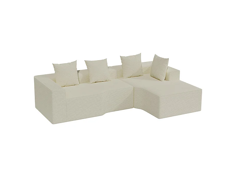 Canapé d'angle droit modulable, velours côtelé, avec 4 oreillers et méridienne, 270x152x59cm, Beige