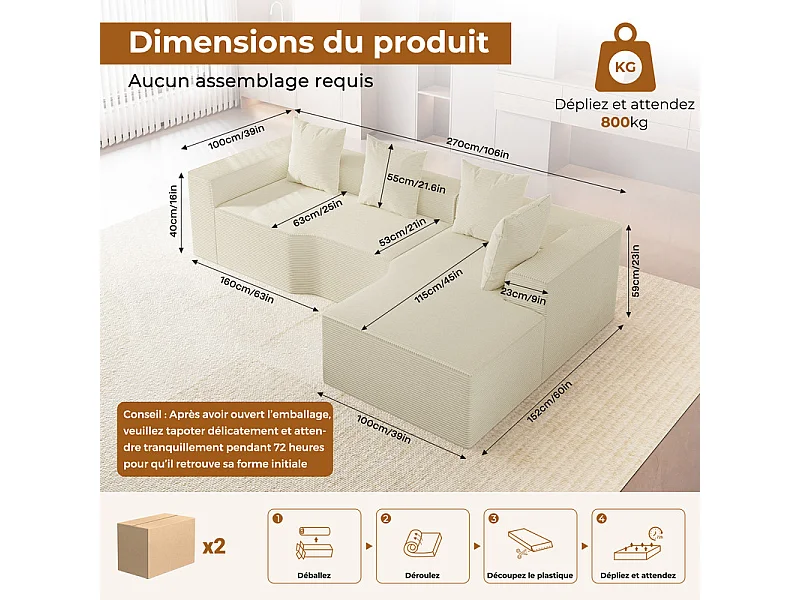 Canapé d'angle droit modulable, velours côtelé, avec 4 oreillers et méridienne, 270x152x59cm, Beige