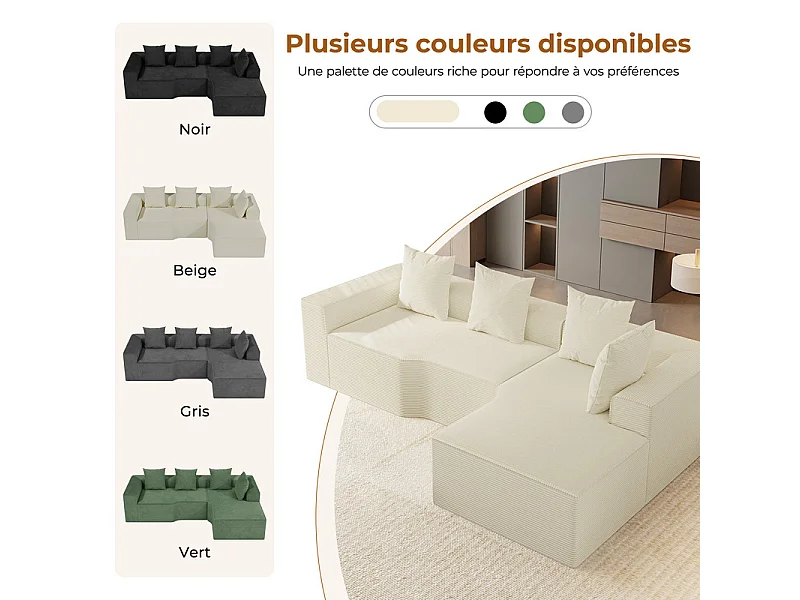 Canapé d'angle droit modulable, velours côtelé, avec 4 oreillers et méridienne, 270x152x59cm, Beige