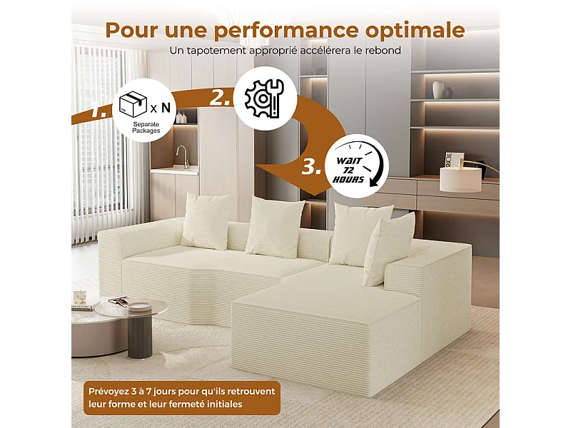 Canapé d'angle droit modulable, velours côtelé, avec 4 oreillers et méridienne, 270x152x59cm, Beige