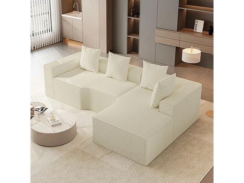 Canapé d'angle droit modulable, velours côtelé, avec 4 oreillers et méridienne, 270x152x59cm, Beige