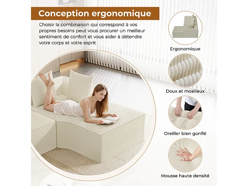 Canapé d'angle droit modulable, velours côtelé, avec 4 oreillers et méridienne, 270x152x59cm, Beige