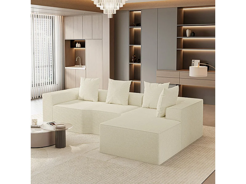Canapé d'angle droit modulable, velours côtelé, avec 4 oreillers et méridienne, 270x152x59cm, Beige