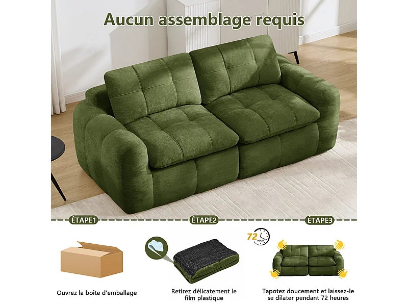 Modulaire 2-zits bank in groene chenillestof, met zitkussen en rugleuning, 194x97x68cm