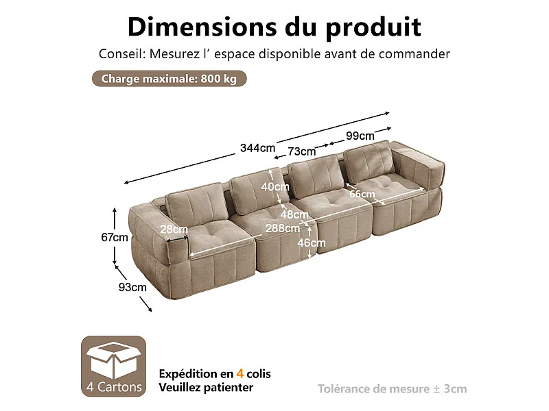 Sofá 4 plazas modular en tela marrón, con base antideslizante y amplios reposabrazos, 344x93x67cm