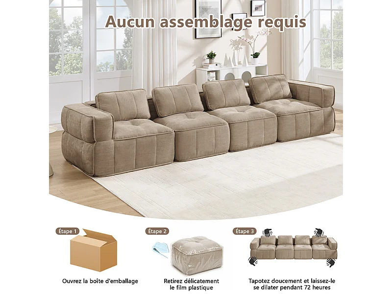 Sofá 4 plazas modular en tela marrón, con base antideslizante y amplios reposabrazos, 344x93x67cm