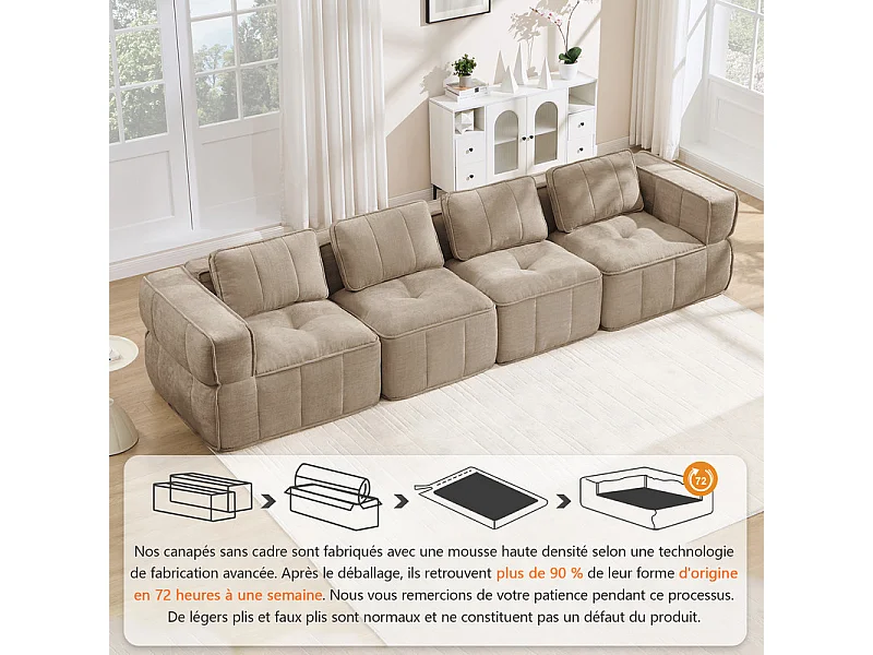 Sofá 4 plazas modular en tela marrón, con base antideslizante y amplios reposabrazos, 344x93x67cm