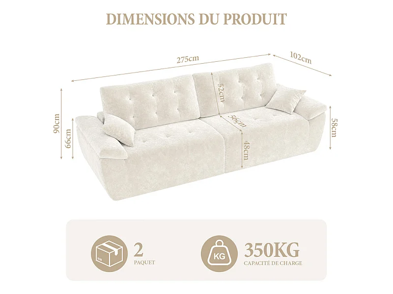 Canapé modulable en tissu chenille, 3/4 places, avec 2 oreillers, 275x102x90cm, Beige