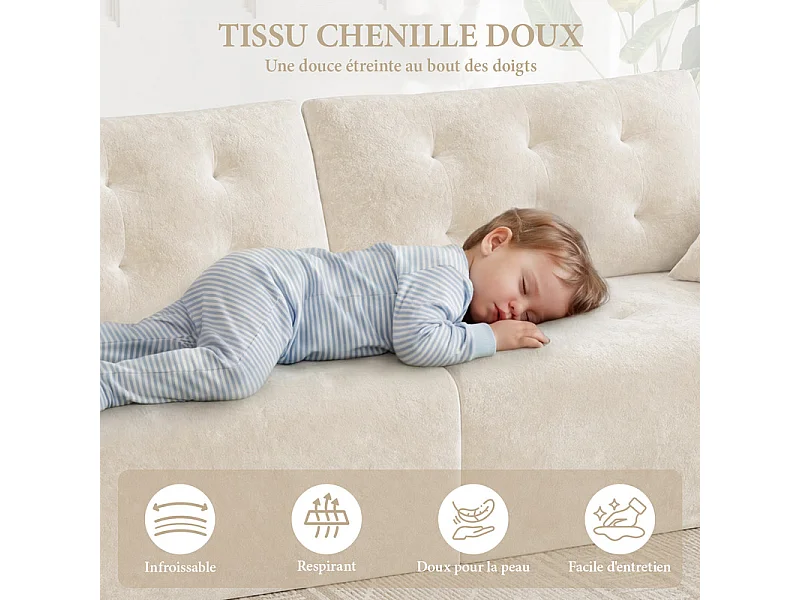 Canapé modulable en tissu chenille, 3/4 places, avec 2 oreillers, 275x102x90cm, Beige