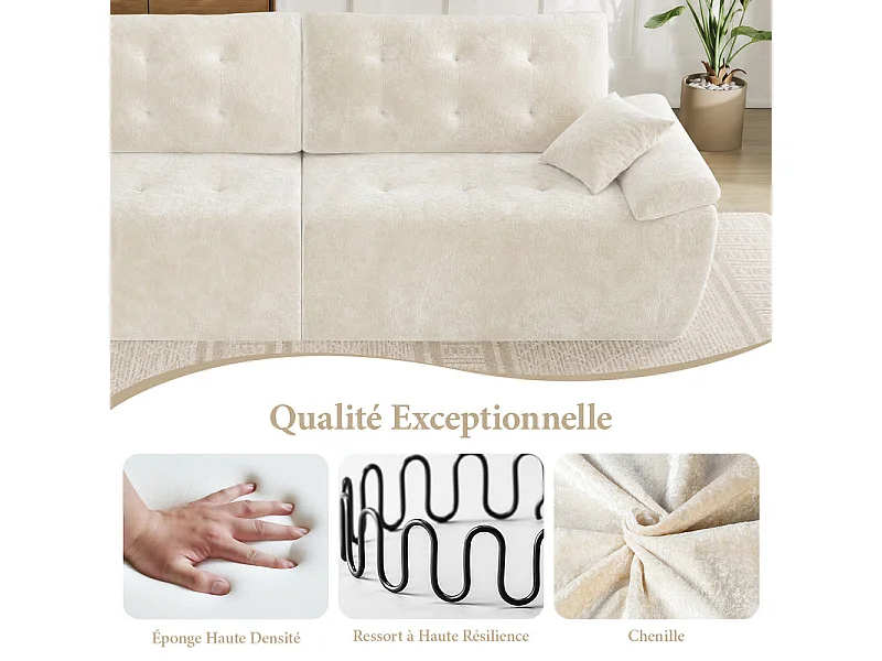 Canapé modulable en tissu chenille, 3/4 places, avec 2 oreillers, 275x102x90cm, Beige