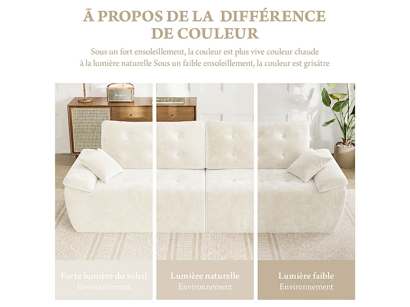 Canapé modulable en tissu chenille, 3/4 places, avec 2 oreillers, 275x102x90cm, Beige