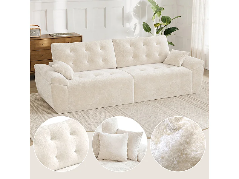 Canapé modulable en tissu chenille, 3/4 places, avec 2 oreillers, 275x102x90cm, Beige
