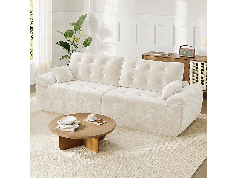 Canapé modulable en tissu chenille, 3/4 places, avec 2 oreillers, 275x102x90cm, Beige