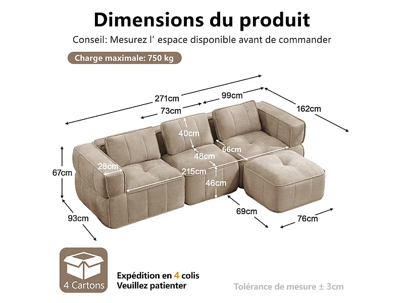 Modulaire hoekbank in stof, 3-zits, met poef, 271x162x67cm, Bruin