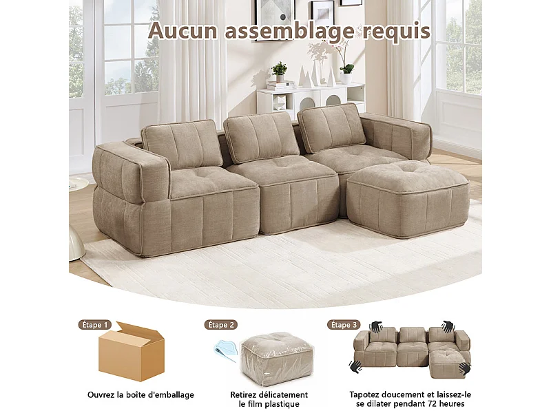 Modulaire hoekbank in stof, 3-zits, met poef, 271x162x67cm, Bruin