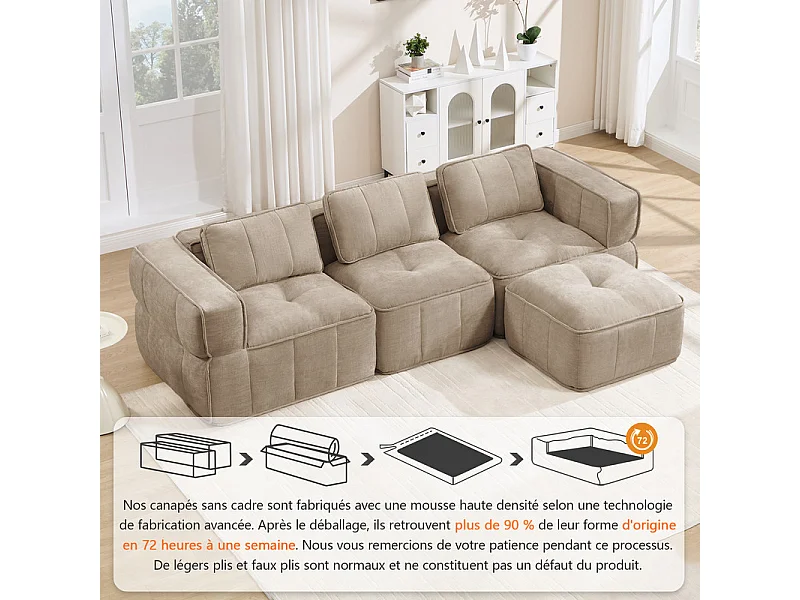 Modulaire hoekbank in stof, 3-zits, met poef, 271x162x67cm, Bruin