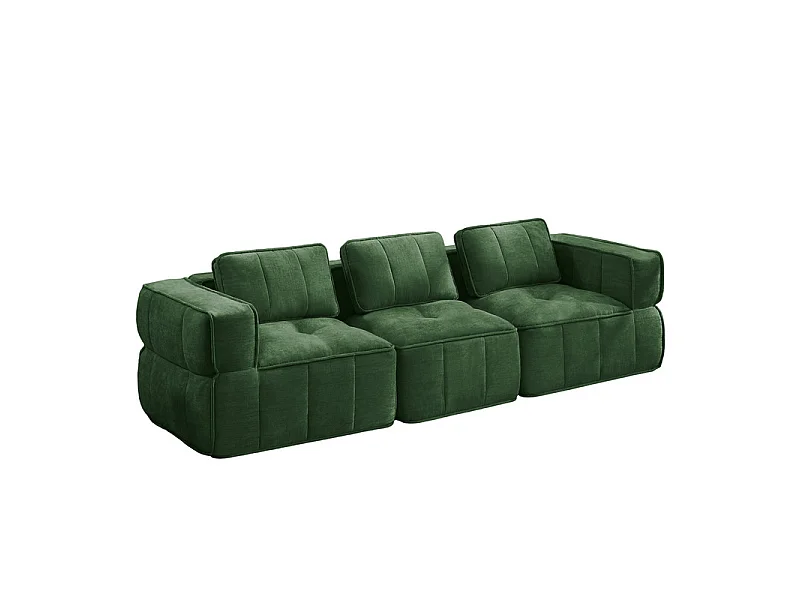 Canapé 3 places modulable en tissu vert, avec base antidérapante et larges accoudoirs, 271x93x67cm