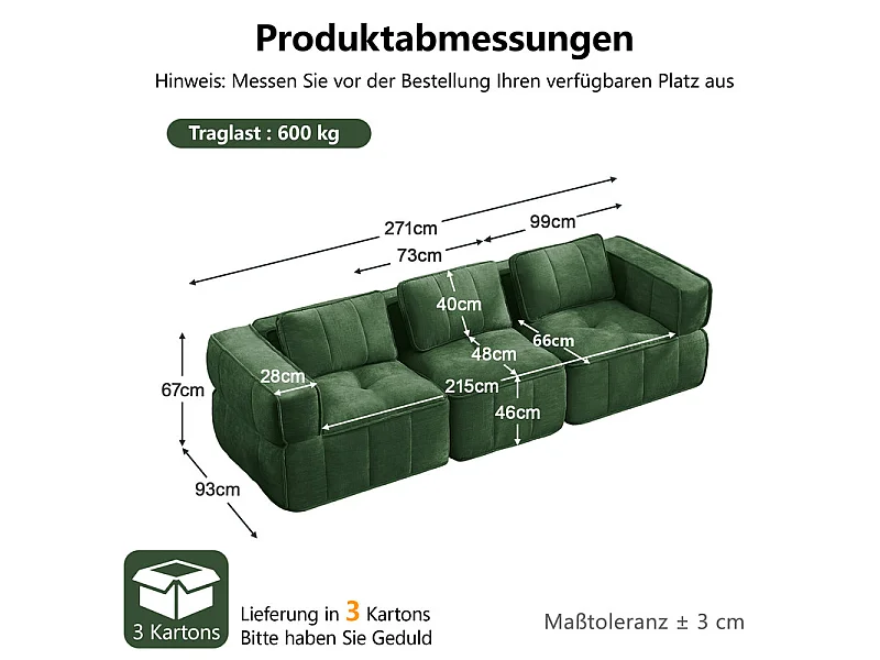 Canapé 3 places modulable en tissu vert, avec base antidérapante et larges accoudoirs, 271x93x67cm