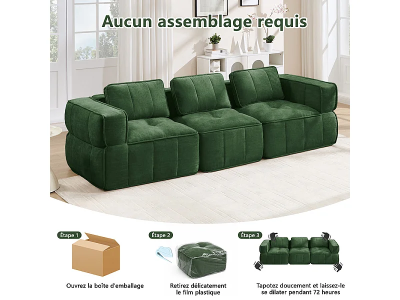 Canapé 3 places modulable en tissu vert, avec base antidérapante et larges accoudoirs, 271x93x67cm