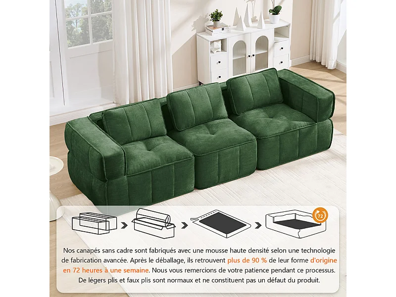 Canapé 3 places modulable en tissu vert, avec base antidérapante et larges accoudoirs, 271x93x67cm