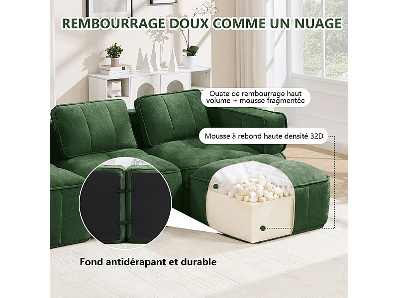 Canapé 3 places modulable en tissu vert, avec base antidérapante et larges accoudoirs, 271x93x67cm