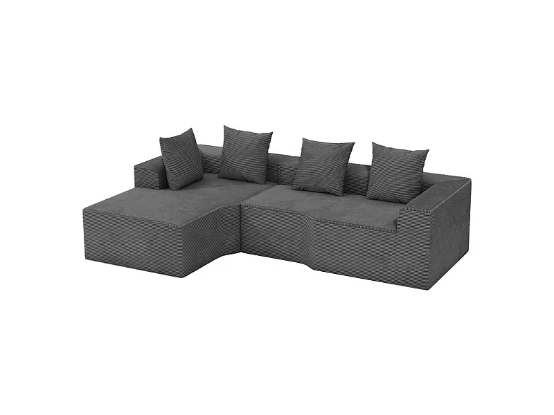 Canapé d'angle gauche modulable, velours côtelé, avec 4 oreillers et méridienne, 270x152x59cm, Gris