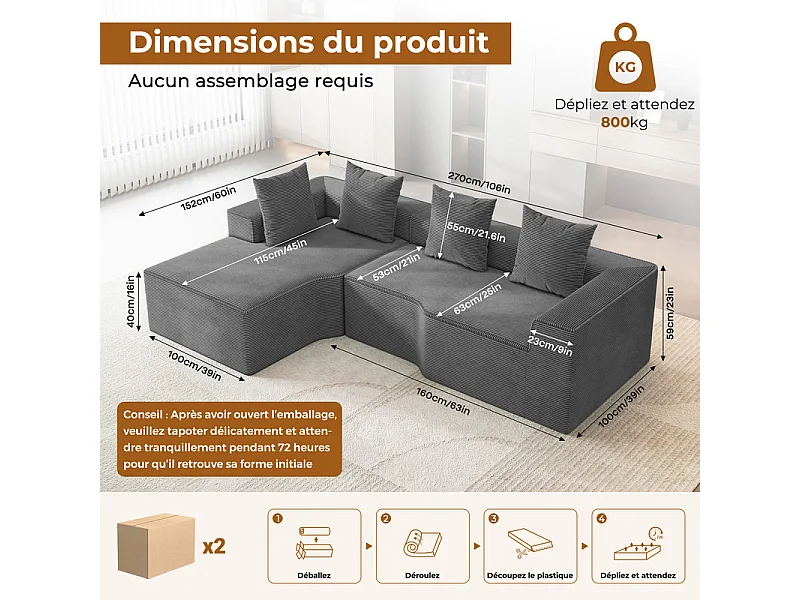 Canapé d'angle gauche modulable, velours côtelé, avec 4 oreillers et méridienne, 270x152x59cm, Gris