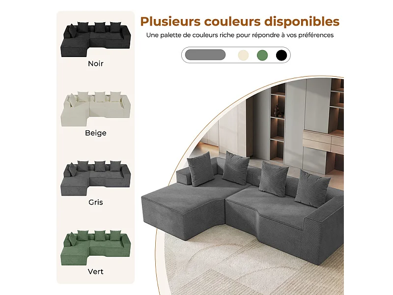 Canapé d'angle gauche modulable, velours côtelé, avec 4 oreillers et méridienne, 270x152x59cm, Gris