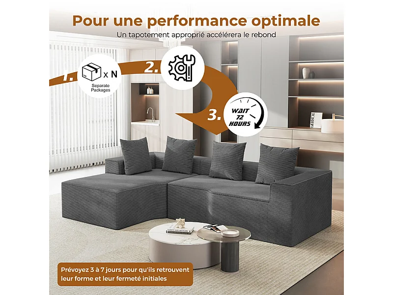 Canapé d'angle gauche modulable, velours côtelé, avec 4 oreillers et méridienne, 270x152x59cm, Gris